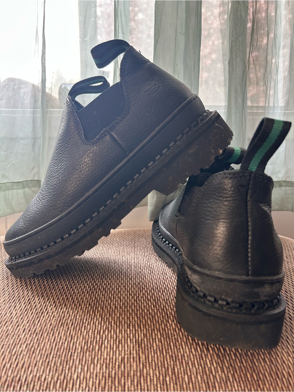 Georgia Boot Black Leather Slip-On Ankle Boots with Green-Strip Pull Tabs